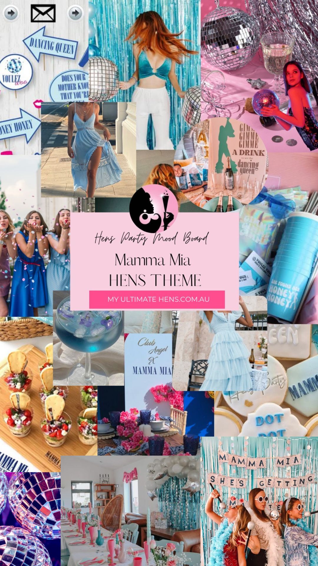 Mammai Mia Hens Party Package Theme Mood Board with Disco Blue and Silver